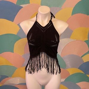 Free People Fun Halter Tassel Black Crop Top sizeM